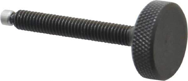 Jergens - 5/16-18 Knurled Shoulderless Swivel Pad Tip Grade 1215 Steel Thumb Screw - 2-7/8" OAL, 1-1/8" Head Diam x 3/8" Head Height, Black Oxide Finish - USA Tool & Supply