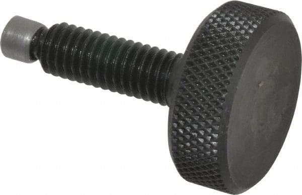 Jergens - 3/8-16 Knurled Shoulderless Swivel Pad Tip Grade 1215 Steel Thumb Screw - 1-15/16" OAL, 1-1/4" Head Diam x 7/16" Head Height, Black Oxide Finish - USA Tool & Supply