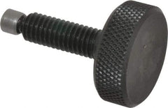 Jergens - 3/8-16 Knurled Shoulderless Swivel Pad Tip Grade 1215 Steel Thumb Screw - 1-15/16" OAL, 1-1/4" Head Diam x 7/16" Head Height, Black Oxide Finish - USA Tool & Supply