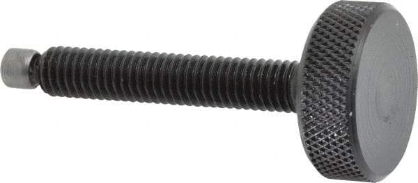 Jergens - 3/8-16 Knurled Shoulderless Swivel Pad Tip Grade 1215 Steel Thumb Screw - 2-15/16" OAL, 1-1/4" Head Diam x 7/16" Head Height, Black Oxide Finish - USA Tool & Supply