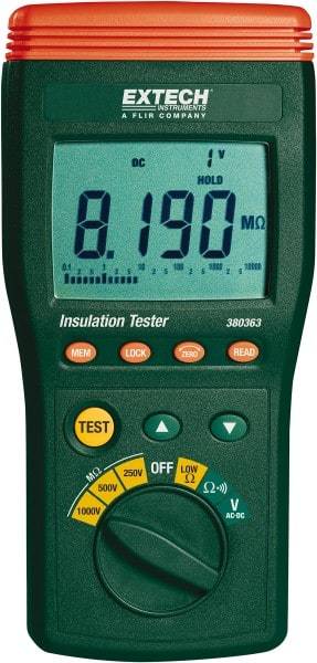 Extech - Digital LCD Display, 10,000 Megohm Electrical Insulation Resistance Tester & Megohmmeter - 1,000 VAC Max Test Voltage, Powered by 1.5V AA Battery - USA Tool & Supply