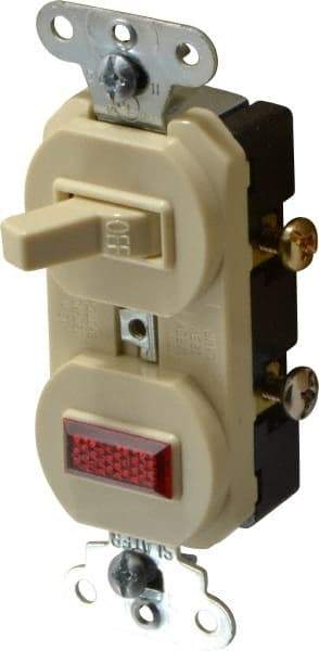Pass & Seymour - 1 Pole, 120/125 VAC, 15 Amp, Flush Mounted, Ungrounded, Tamper Resistant Combination Switch with Pilot Light - NonNEMA Configuration, 1 Switch, Side Wiring, UL Listed 20 498 Standard - USA Tool & Supply