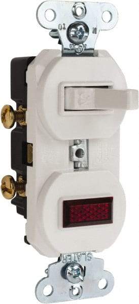 Pass & Seymour - 1 Pole, 120/125 VAC, 15 Amp, Flush Mounted, Ungrounded, Tamper Resistant Combination Switch with Pilot Light - NonNEMA Configuration, 1 Switch, Side Wiring, UL Listed 20 498 Standard - USA Tool & Supply