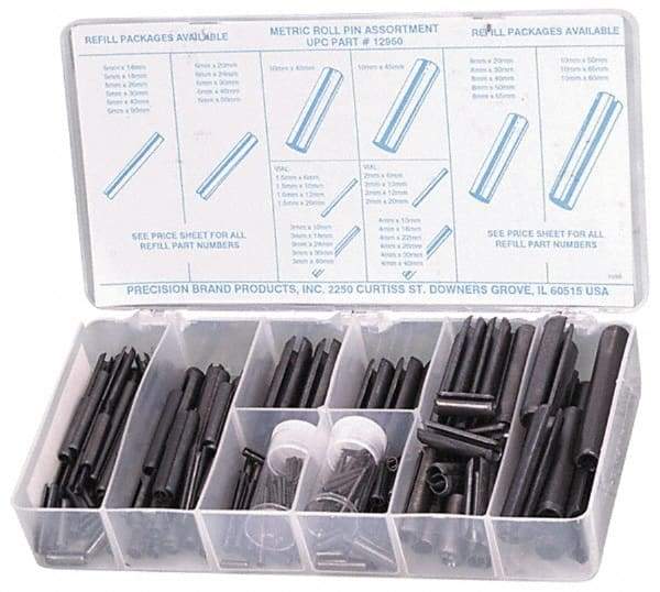 Precision Brand - 287 Piece, 1.5 to 10mm Pin Diam, Spring Pin Assortment - 1.5 to 80mm Long, Steel - USA Tool & Supply