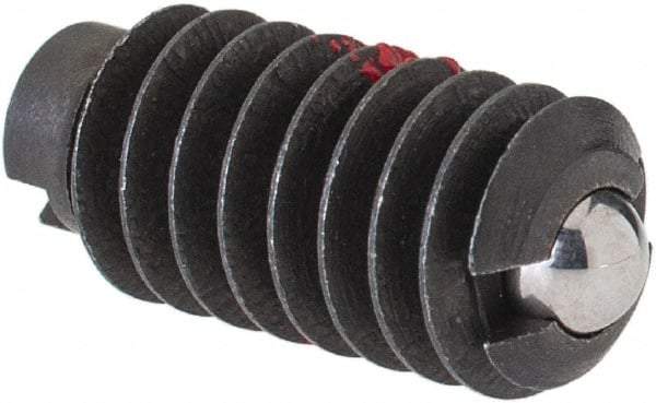 Jergens - 1/4-20, 0.125" Ball Diam, 17/32" Body Length, 0.035" Max Ball Reach, Threaded Ball Plunger - Steel Body, Stainless Steel Ball, 2 Lb Initial End Force, 4 Lb Final End Force, Locking Element - USA Tool & Supply
