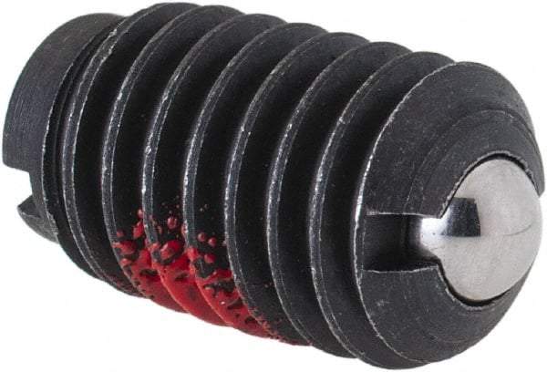 Jergens - 3/8-16, 0.187" Ball Diam, 5/8" Body Length, 0.048" Max Ball Reach, Threaded Ball Plunger - Steel Body, Stainless Steel Ball, 6 Lb Initial End Force, 21 Lb Final End Force, Locking Element - USA Tool & Supply