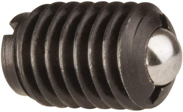 Jergens - 1/2-13, 0.281" Ball Diam, 3/4" Body Length, 0.072" Max Ball Reach, Threaded Ball Plunger - Steel Body, Stainless Steel Ball, 6 Lb Initial End Force, 30 Lb Final End Force, Locking Element - USA Tool & Supply