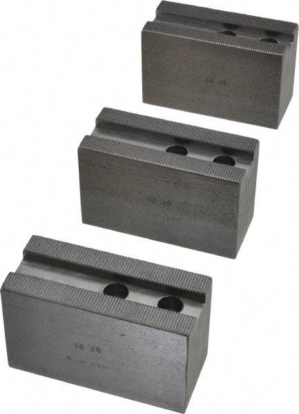 H & R Manufacturing - 1.5mm x 60° Serrated Attachment, Square Soft Lathe Chuck Jaw - 3 Jaws, Steel, 1.181" Btw Mount Hole Ctrs, 4" Long x 1-3/4" Wide x 2-1/2" High, 0.63" Groove, 12mm Fastener - USA Tool & Supply