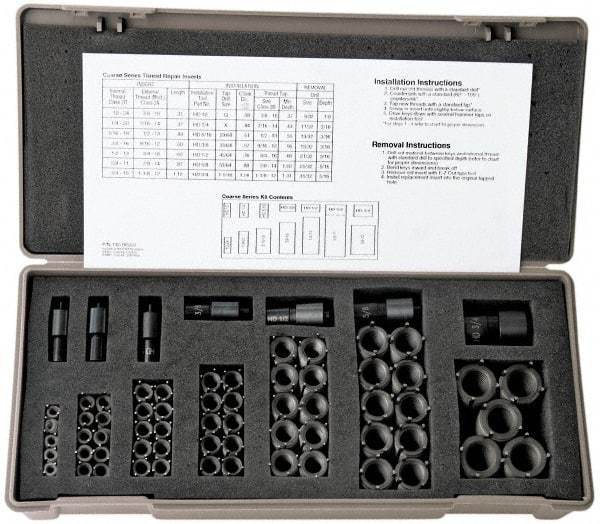 Jergens - 82 Inserts, M6x1.00 - M12x1.75 Internal Thread, M6x10, M8x1.25-M8x1.0, M10x1.5-M10x1.25, M12-1.75-M12x1.25 Metric Coarse, Metric Fine, Carbon Steel, Thread Repair Kit - 10, 12, 14, 16" Insert Length, Includes Installation Tool - Exact Industrial Supply