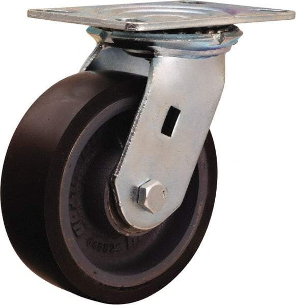 Hamilton - 6" Diam x 2" Wide x 7-1/2" OAH Top Plate Mount Swivel Caster - Polyurethane Mold onto Cast Iron Center, 1,500 Lb Capacity, Sealed Precision Ball Bearing, 4-1/2 x 6-1/4" Plate - USA Tool & Supply