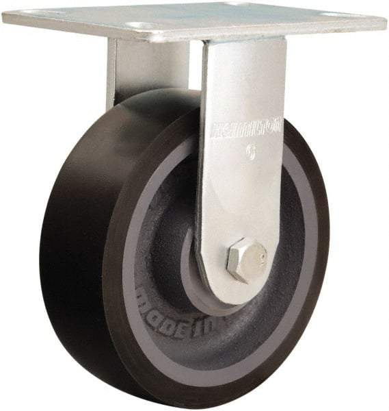 Hamilton - 6" Diam x 2" Wide x 7-1/2" OAH Top Plate Mount Rigid Caster - Polyurethane Mold onto Cast Iron Center, 1,500 Lb Capacity, Sealed Precision Ball Bearing, 4-1/2 x 6-1/4" Plate - USA Tool & Supply