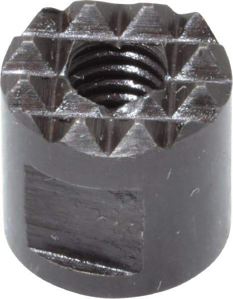 Fairlane - 10-32 Thread, 3/8" Diam, 3/8" High, Threaded, Extra Fine Tooth Grade Diamond Serration Tooth Pattern, High Speed Steel, Round Positioning Gripper - 3/16" Flat Width, Black Oxide Coated - USA Tool & Supply