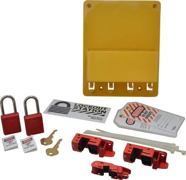 Master Lock - Equipped Polycarbonate Electrical Lockout Station - 7-3/4 Inch Wide x 9-3/4 Inch High x 2-7/8 Inch Deep, Yellow - USA Tool & Supply