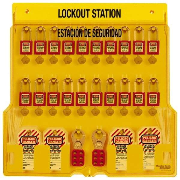 Master Lock - Equipped Polycarbonate Padlock Station - 22 Inch Wide x 22 Inch High x 1-3/4 Inch Deep, Yellow, Covered - USA Tool & Supply