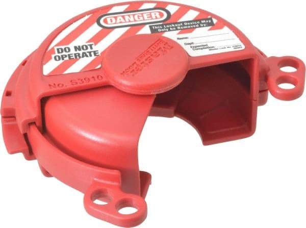 Master Lock - 2-3/8 to 3 Inch Valve Handle Size, Xenoy Thermoplastic Gas Cylinder Valve Lockout - 3/8 Inch Max Shackle Diameter, Red - USA Tool & Supply