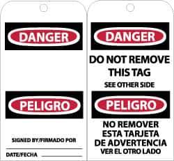 NMC - 3" High x 6" Long, DANGER - SIGNED BY___, English & Spanish Safety & Facility Accident Prevention Tag - Tag Header: Danger, 2 Sides, Black, Red & White Unrippable Vinyl - USA Tool & Supply