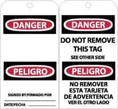 NMC - 3" High x 6" Long, DANGER - SIGNED BY___, English & Spanish Safety & Facility Accident Prevention Tag - Tag Header: Danger, 2 Sides, Black, Red & White Unrippable Vinyl - USA Tool & Supply