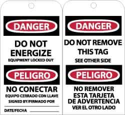 NMC - 3" High x 6" Long, DANGER - DO NOT ENERGIZE, English & Spanish Safety & Facility Accident Prevention Tag - Tag Header: Danger, 2 Sides, Black, Red & White Unrippable Vinyl - USA Tool & Supply