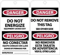 NMC - 3" High x 6" Long, DANGER - DO NOT ENERGIZE, English & Spanish Safety & Facility Accident Prevention Tag - Tag Header: Danger, 2 Sides, Black, Red & White Unrippable Vinyl - USA Tool & Supply