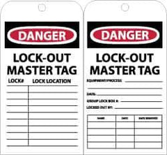 NMC - 3" High x 6" Long, DANGER - LOCKOUT MASTER TAG, English Safety & Facility Accident Prevention Tag - Tag Header: Danger, 2 Sides, Black, Red & White Unrippable Vinyl - USA Tool & Supply