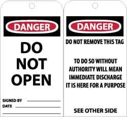 NMC - 3" High x 6" Long, DANGER - DO NOT OPEN, English Safety & Facility Accident Prevention Tag - Tag Header: Danger, 2 Sides, Black, Red & White Unrippable Vinyl - USA Tool & Supply