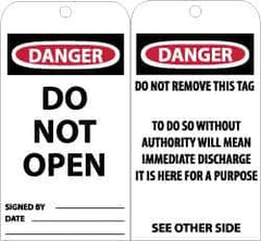 NMC - 3" High x 6" Long, DANGER - DO NOT OPEN, English Safety & Facility Accident Prevention Tag - Tag Header: Danger, 2 Sides, Black, Red & White Unrippable Vinyl - USA Tool & Supply