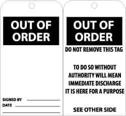 NMC - 3" High x 6" Long, OUT OF ORDER, English Safety & Facility Accident Prevention Tag - Tag Header: Danger, 2 Sides, Black & White Unrippable Vinyl - USA Tool & Supply