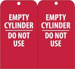 NMC - 3" High x 6" Long, EMPTY CYLINDER-DO NOT USE, English Safety & Facility Accident Prevention Tag - Tag Header: Danger, 2 Sides, Red & White Unrippable Vinyl - USA Tool & Supply