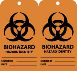 NMC - 3" High x 6" Long, BIOHAZARD - HAZARD IDENTITY, English Safety & Facility Accident Prevention Tag - Tag Header: Warning, 2 Sides, Black & Orange Unrippable Vinyl - USA Tool & Supply