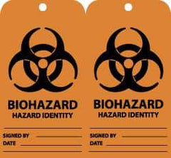 NMC - 3" High x 6" Long, BIOHAZARD - HAZARD IDENTITY, English Safety & Facility Accident Prevention Tag - Tag Header: Warning, 2 Sides, Black & Orange Unrippable Vinyl - USA Tool & Supply