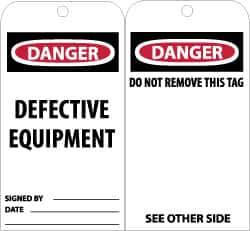 NMC - 3" High x 6" Long, DANGER - DEFECTIVE EQUIPMENT, English Safety & Facility Accident Prevention Tag - Tag Header: Danger, 2 Sides, Black, Red & White Unrippable Vinyl - USA Tool & Supply