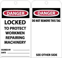 NMC - 3" High x 6" Long, DANGER - LOCKED TO PROJECT WORKMEN REPAIRING MACHINERY, English Safety & Facility Accident Prevention Tag - Tag Header: Danger, 2 Sides, Black, Red & White Unrippable Vinyl - USA Tool & Supply