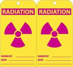 NMC - 3" High x 6" Long, RADIATION, English Safety & Facility Accident Prevention Tag - Tag Header: Warning, 2 Sides, Yellow & Red Unrippable Vinyl - USA Tool & Supply