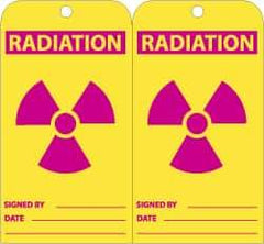 NMC - 3" High x 6" Long, RADIATION, English Safety & Facility Accident Prevention Tag - Tag Header: Warning, 2 Sides, Yellow & Red Unrippable Vinyl - USA Tool & Supply