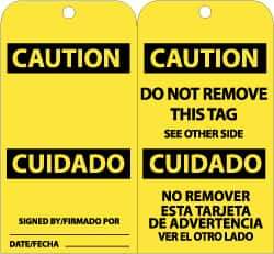 NMC - 3" High x 6" Long, CAUTION, English & Spanish Safety & Facility Accident Prevention Tag - Tag Header: CAUTION, 2 Sides, Black & Yellow Unrippable Vinyl - USA Tool & Supply