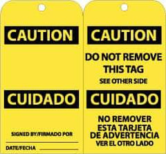 NMC - 3" High x 6" Long, CAUTION, English & Spanish Safety & Facility Accident Prevention Tag - Tag Header: CAUTION, 2 Sides, Black & Yellow Unrippable Vinyl - USA Tool & Supply