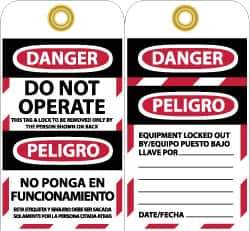 NMC - 3" High x 6" Long, DANGER - DO NOT OPERATE - THIS TAG & LOCK TO BE REMOVED ONLY BY THE PERSON SHOWN ON BACK, English & Spanish Safety & Facility Lockout Tag - Tag Header: Danger, 2 Sides, Black, Red & White Unrippable Vinyl - USA Tool & Supply