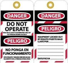 NMC - 3" High x 6" Long, DANGER - DO NOT OPERATE - EQUIPMENT TAG-OUT, English & Spanish Safety & Facility Lockout Tag - Tag Header: Danger, 2 Sides, Black, Red & White Unrippable Vinyl - USA Tool & Supply