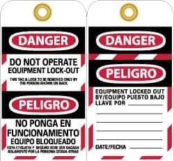 NMC - DANGER - DO NOT OPERATE - EQUIPMENT LOCK-OUT - THIS TAG & LOCK TO BE REMOVED ONLY BY THE PERSON SHOWN ON BACK, English Safety & Facility Lockout Tag - Tag Header: Danger, 2 Sides, Black, Red & White Unrippable Vinyl - USA Tool & Supply