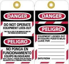 NMC - 3" High x 6" Long, DANGER - DO NOT OPERATE - EQUIPMENT LOCK-OUT - THIS TAG & LOCK TO BE REMOVED ONLY BY THE PERSON SHOWN ON BACK, English & Spanish Safety & Facility Lockout Tag - Tag Header: Danger, 2 Sides, Black, Red & White Unrippable Vinyl - USA Tool & Supply