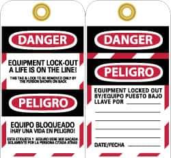 NMC - 3" High x 6" Long, DANGER - EQUIPMENT LOCK-OUT - A LIFE IS ON THE LINE! THIS TAG & LOCK TO BE REMOVED ONLY BY THE PERSON SHOWN ON BACK, Safety & Facility Lockout Tag - Tag Header: Danger, 2 Sides, Black, Red & White Unrippable Vinyl - USA Tool & Supply
