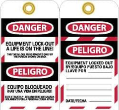 NMC - 3" High x 6" Long, DANGER - EQUIPMENT LOCK-OUT - A LIFE IS ON THE LINE! THIS TAG & LOCK TO BE REMOVED ONLY BY THE PERSON SHOWN ON BACK, Safety & Facility Lockout Tag - Tag Header: Danger, 2 Sides, Black, Red & White Unrippable Vinyl - USA Tool & Supply