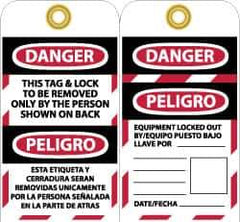 NMC - 3" High x 6" Long, DANGER - THIS TAG & LOCK TO BE REMOVED ONLY BY THE PERSON SHOWN ON BACK, English & Spanish Safety & Facility Lockout Tag - Tag Header: Danger, 2 Sides, Black, Red & White Unrippable Vinyl - USA Tool & Supply