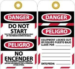 NMC - 3" High x 6" Long, DANGER - DO NOT START - THIS TAG & LOCK TO BE REMOVED ONLY BY THE PERSON SHOWN ON BACK, English & Spanish Safety & Facility Lockout Tag - Tag Header: Danger, 2 Sides, Black, Red & White Unrippable Vinyl - USA Tool & Supply