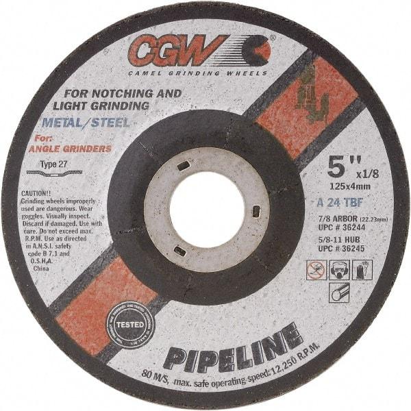 Camel Grinding Wheels - 24 Grit, 4-1/2" Wheel Diam, 1/8" Wheel Thickness, Type 27 Depressed Center Wheel - Coarse Grade, Aluminum Oxide, Resinoid Bond, 13,300 Max RPM - USA Tool & Supply