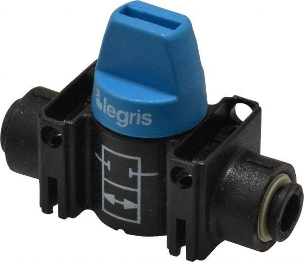 Legris - 6mm Pipe, Standard Port, Composite Miniature Ball Valve - 1 Piece, Inline - Two Way Flow, Push-to-Connect x Push-to-Connect Ends, Short Handle, 150 WOG - USA Tool & Supply