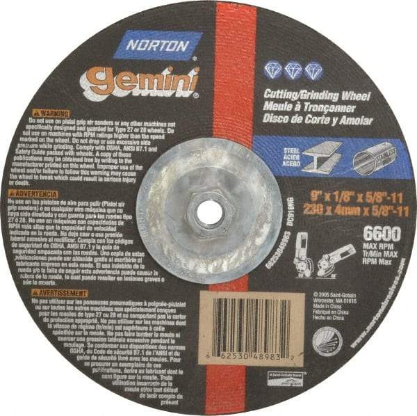 Norton - 24 Grit, 9" Wheel Diam, 1/8" Wheel Thickness, Type 27 Depressed Center Wheel - Aluminum Oxide, 6,600 Max RPM, Compatible with Angle Grinder - USA Tool & Supply