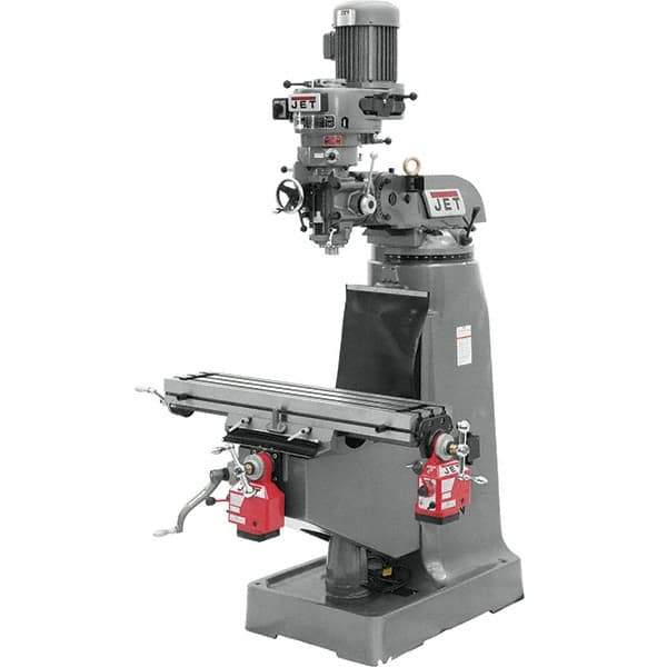 Jet - 9" Table Width x 42" Table Length, Step Pulley Control, 3 Phase Knee Milling Machine - R8 Spindle Taper, 2 hp - USA Tool & Supply