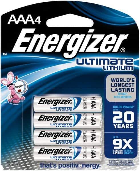 Energizer - Size AAA, Lithium, Photo Battery - 1.5 Volts, Button Tab Terminal, FR03 - USA Tool & Supply