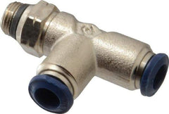 Alpha Technologies - 1/4" Outside Diam, 1/8 Universal Thread, Nickel Plated Brass Push-to-Connect Male Swivel Run Tee - 250 Max psi, Tube to Universal Thread Connection, Buna O-Ring - USA Tool & Supply